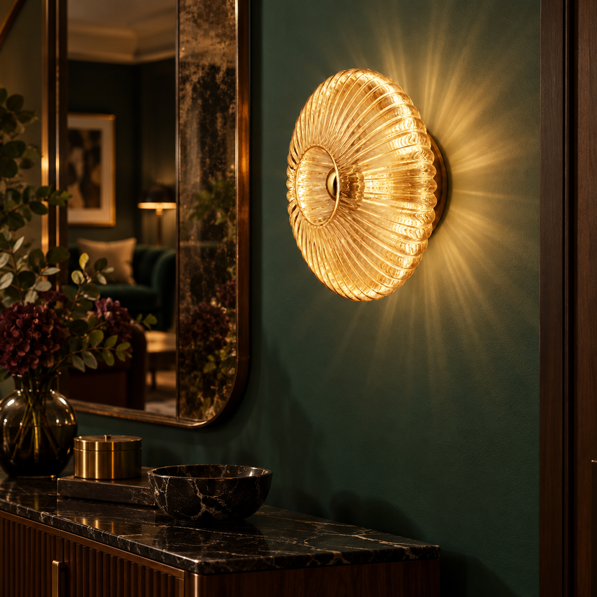 Soleia next to a mirror and hallway console