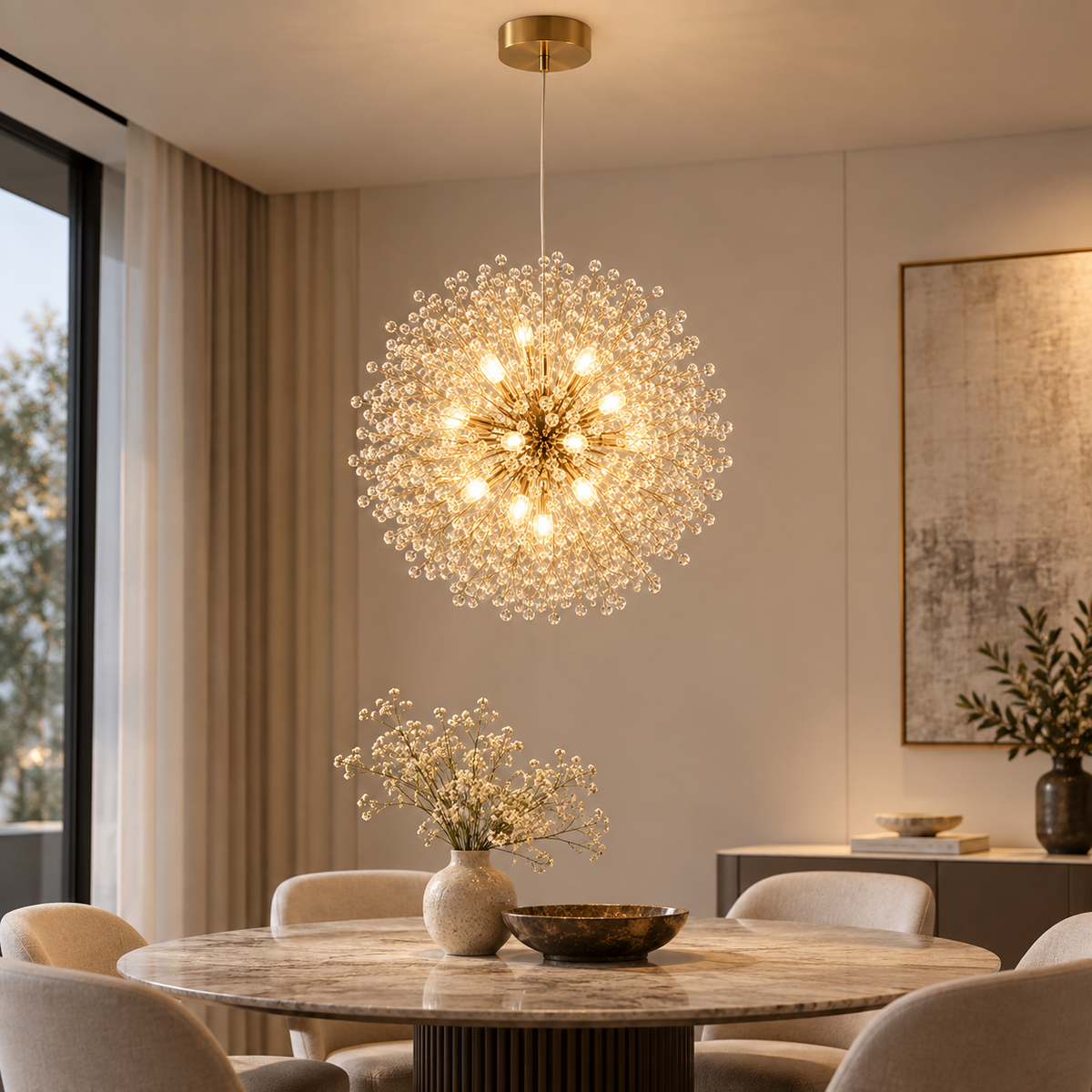 Celeste gold starburst chandelier above a round stone dining table