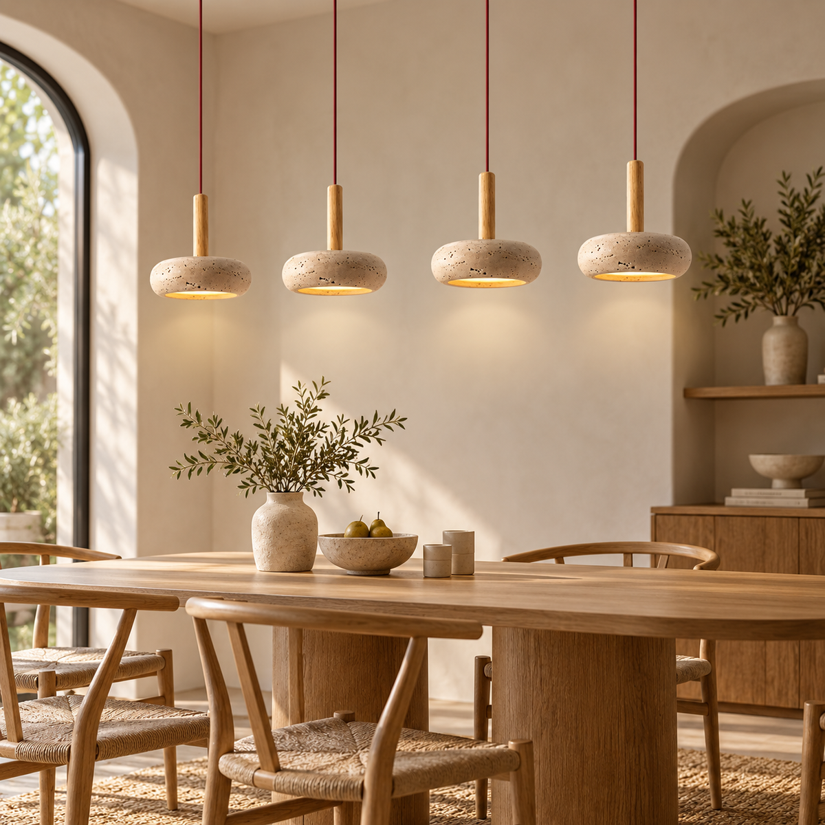 Four Siena pendants arranged above a wooden dining table