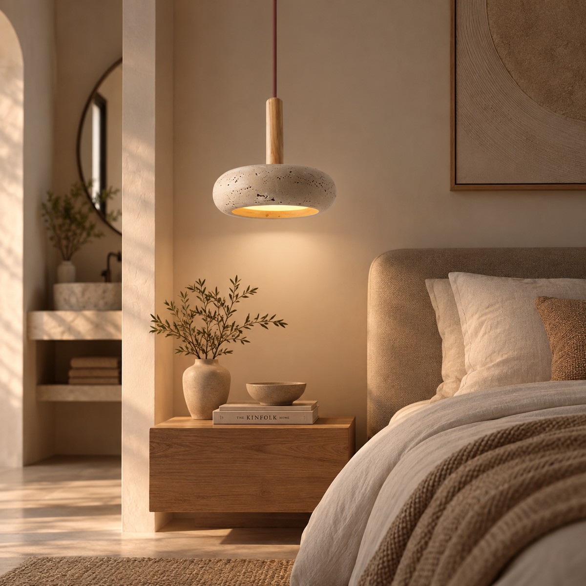 Siena travertine pendant glowing above a wooden bedside table in a neutral bedroom