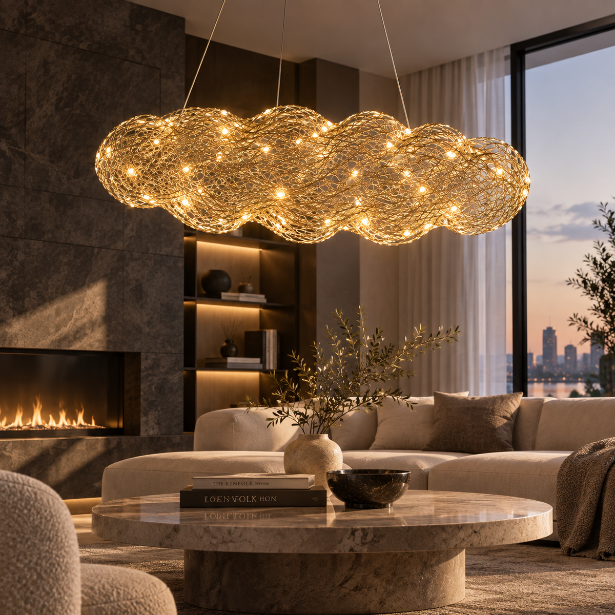 The same Halo pendant and living room with warm evening lighting