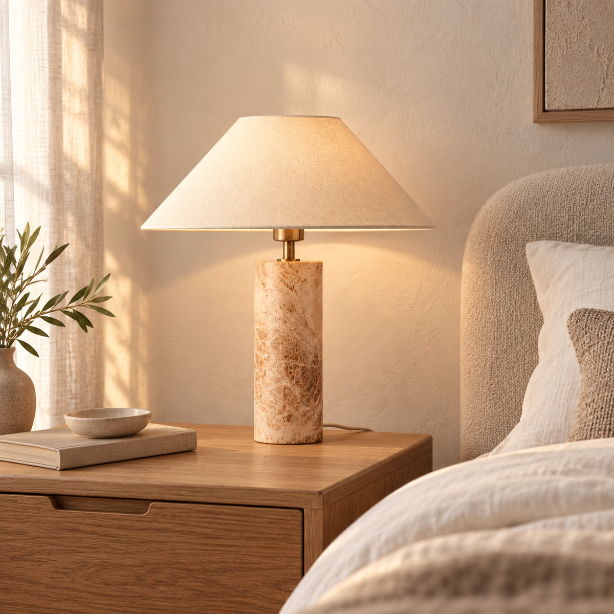 Arden on an oak bedside table beside ivory bedding