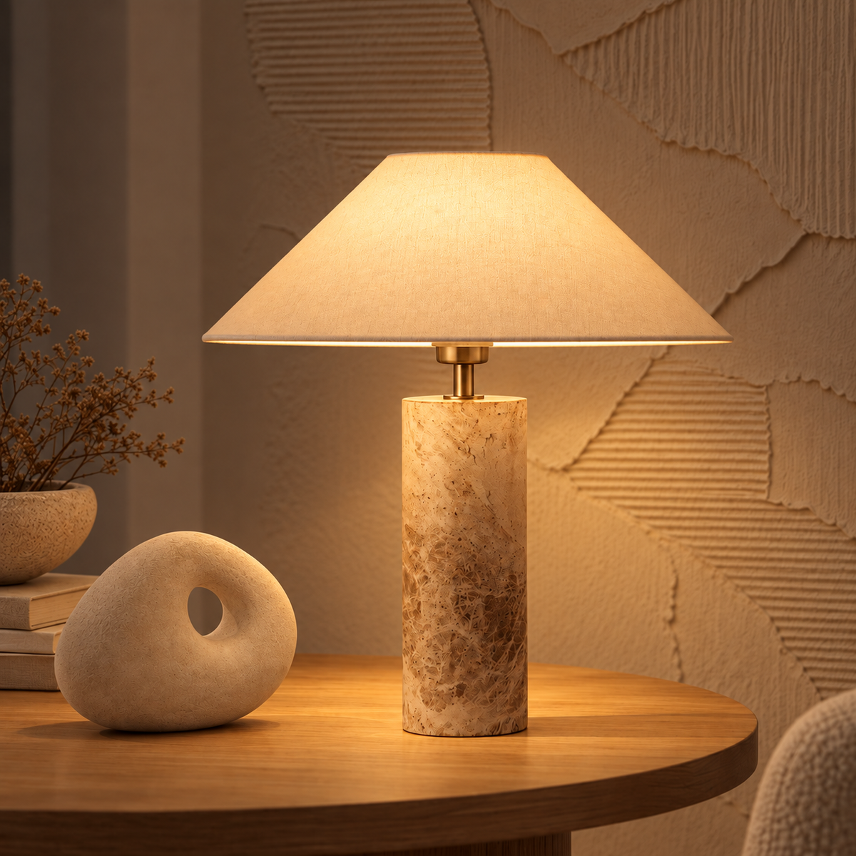 Arden illuminated after dark with the same framing and room setting
