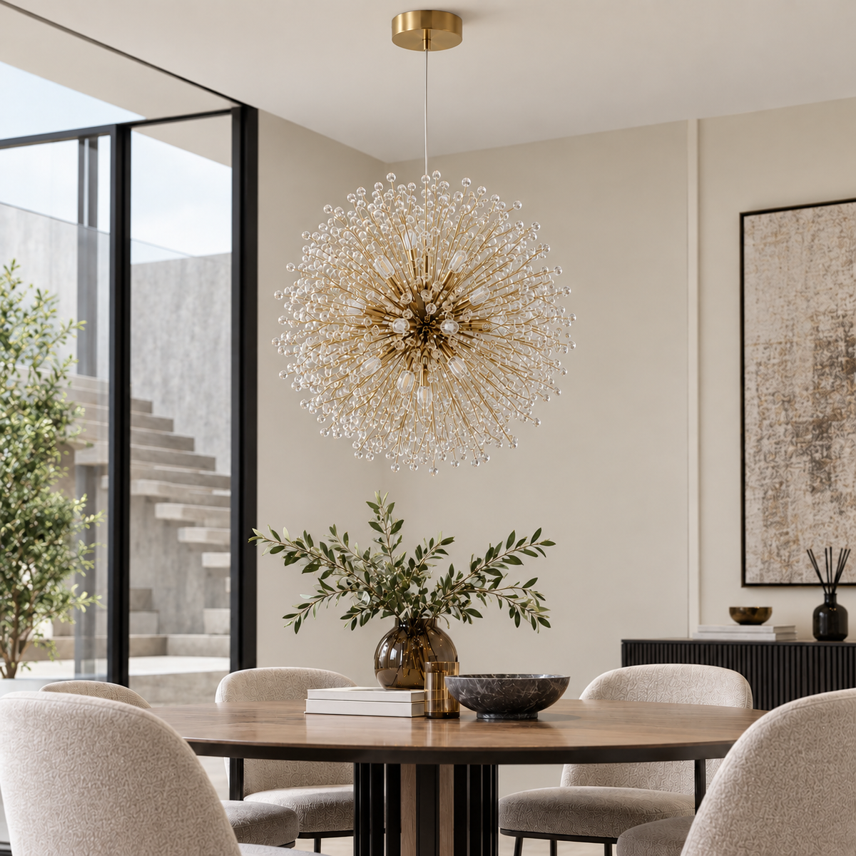 Celeste chandelier switched off in a dining room by daylight