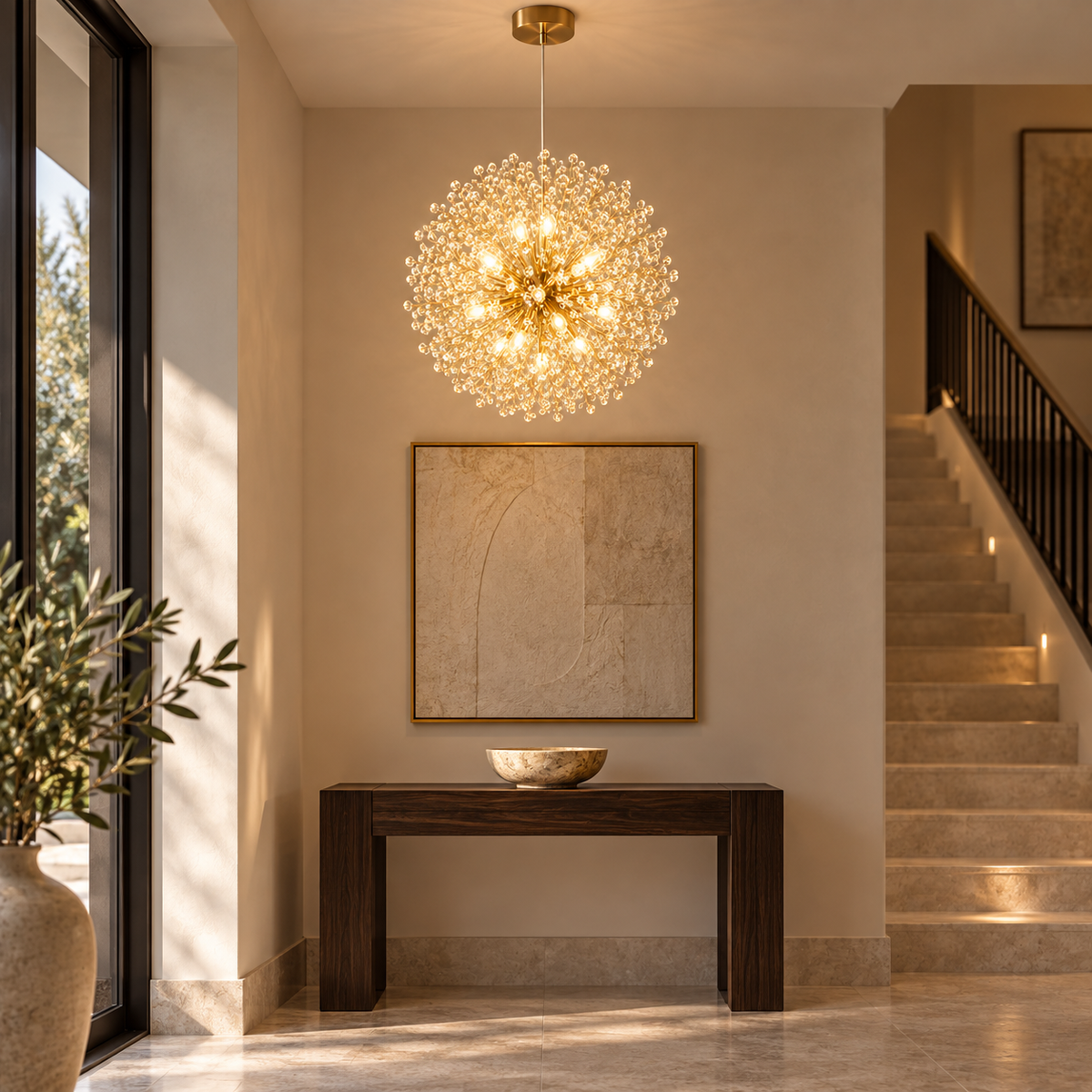 Celeste chandelier above a hallway console beside stairs