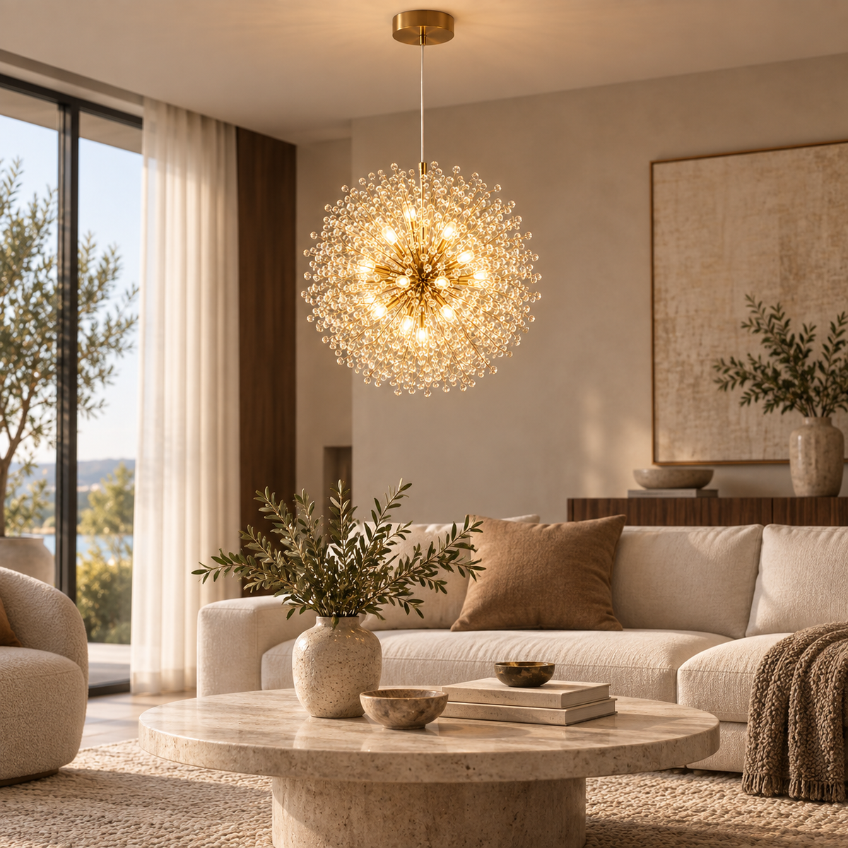 Celeste gold chandelier in a neutral living room