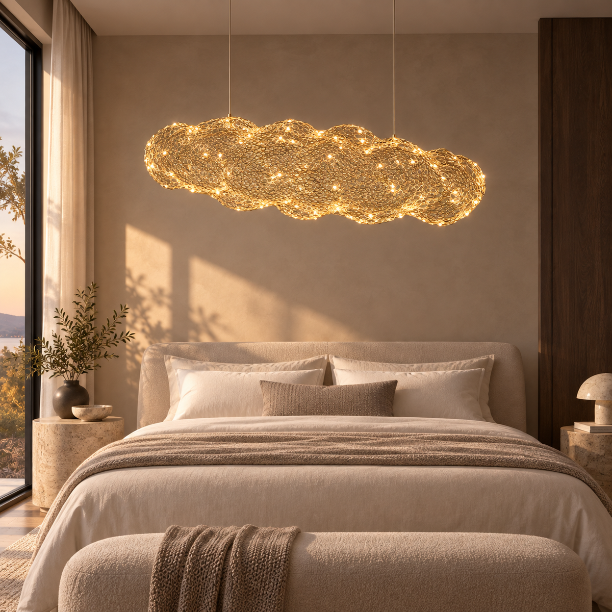 Halo mesh pendant in a softly styled neutral bedroom