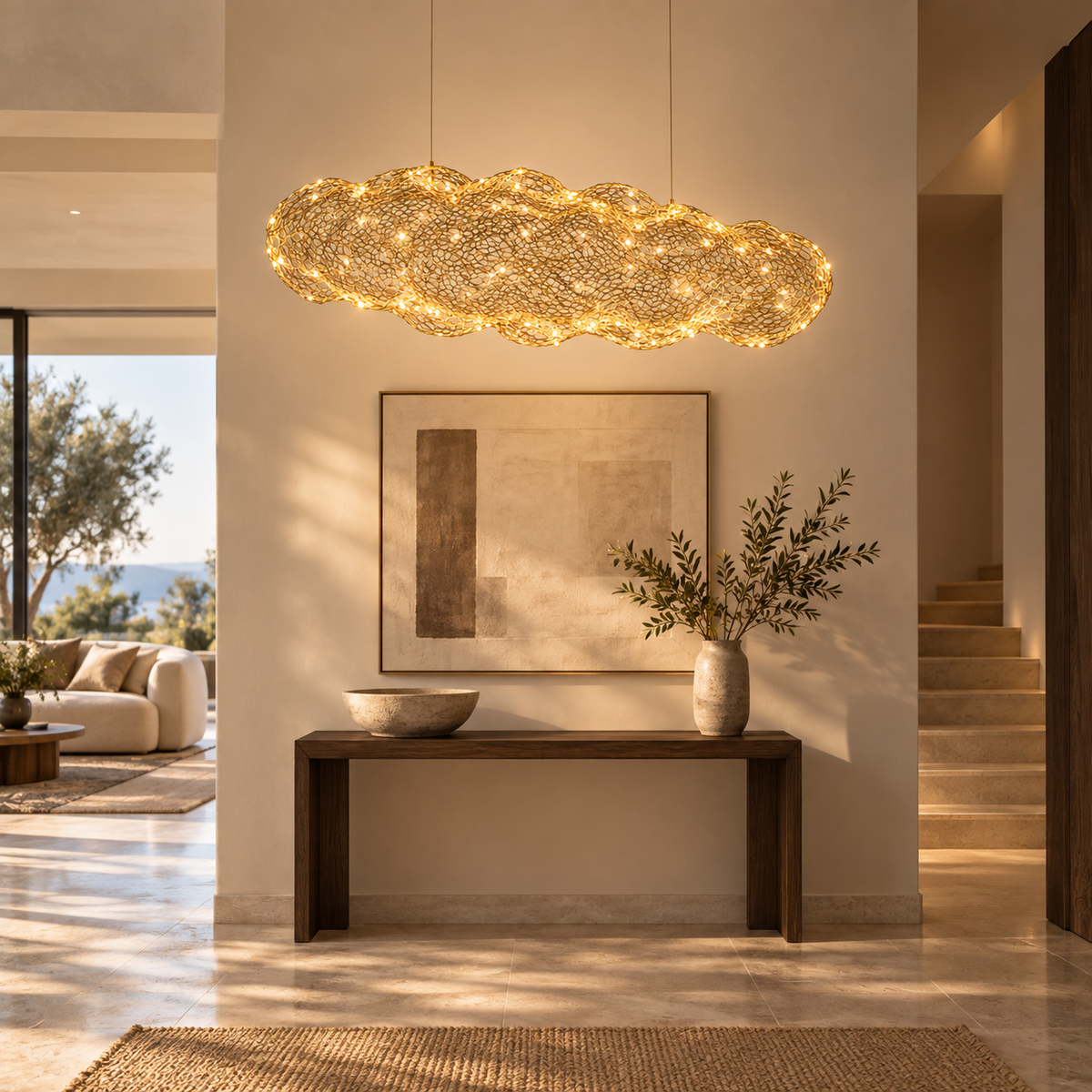 Halo gold pendant above an entrance console