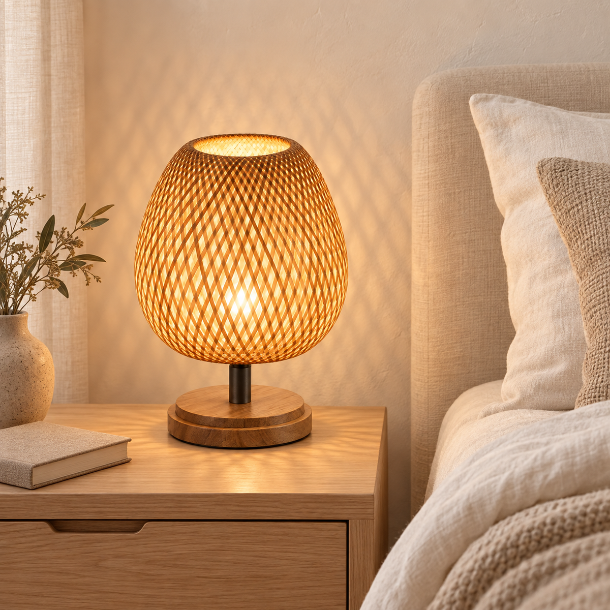 Kaia on a wooden bedside table beside ivory linen bedding