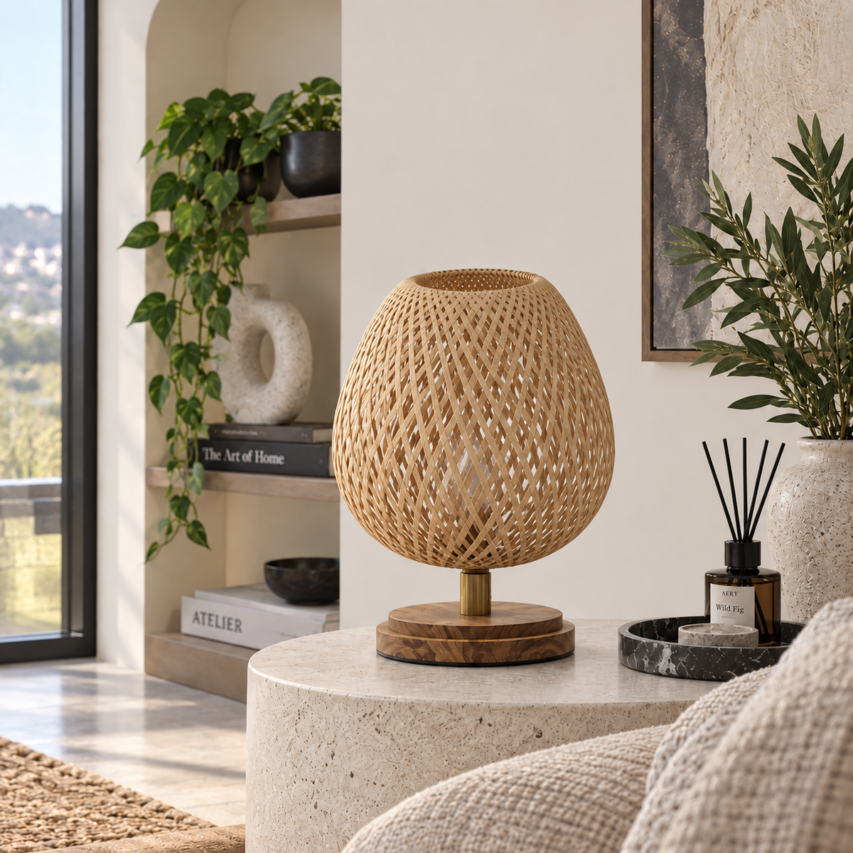 Kaia switched off in daylight on a stone side table beside a cream armchair