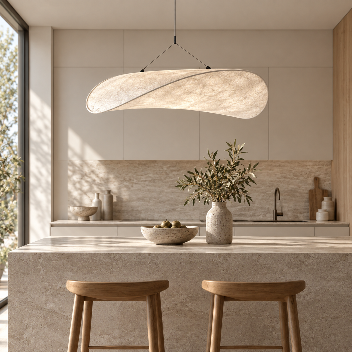 Onda pendant above a pale stone kitchen island