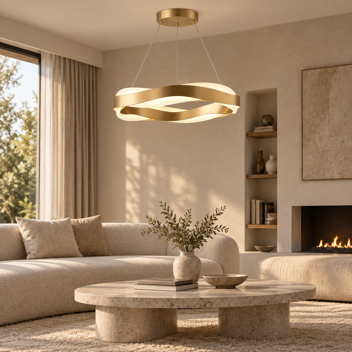 Velora above a stone coffee table and curved ivory sofa in a contemporary living room
