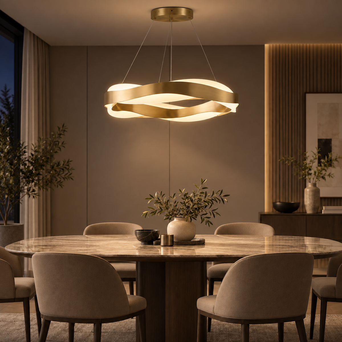 Velora illuminated with warm white light after dark in the same dining room